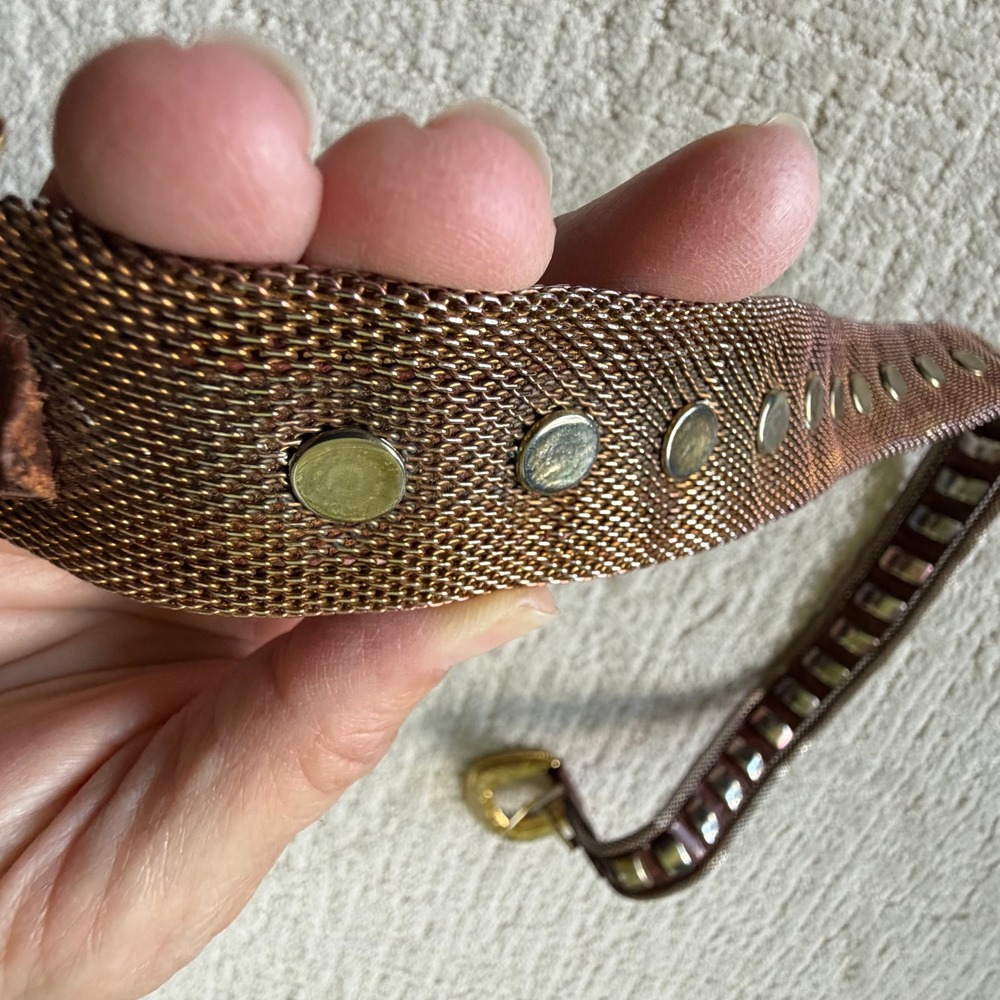 Vintage Brown Croc Leather Western Belt Brass Metal Mesh Studs Ornate Buckle 30" - Picture 10 of 13